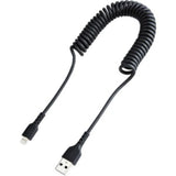 Coiled 50 cm Lightning to USB data transfer cable for Apple devices, featuring durable aramid fiber and strain relief design.