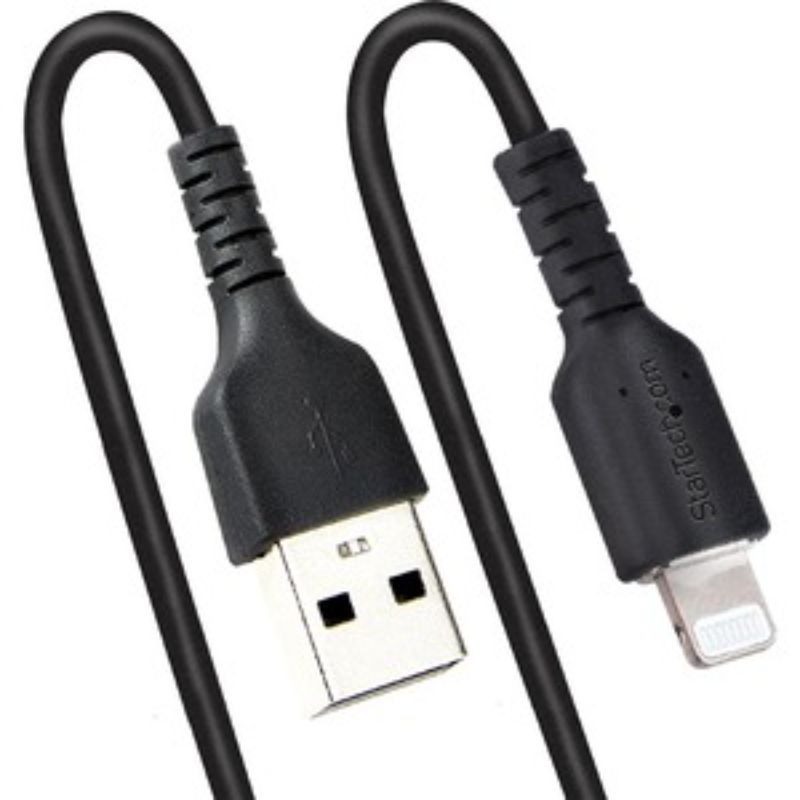 Coiled 50 cm Lightning to USB A cable for Apple devices, featuring durable design, flexible strain relief, and MFi certification.