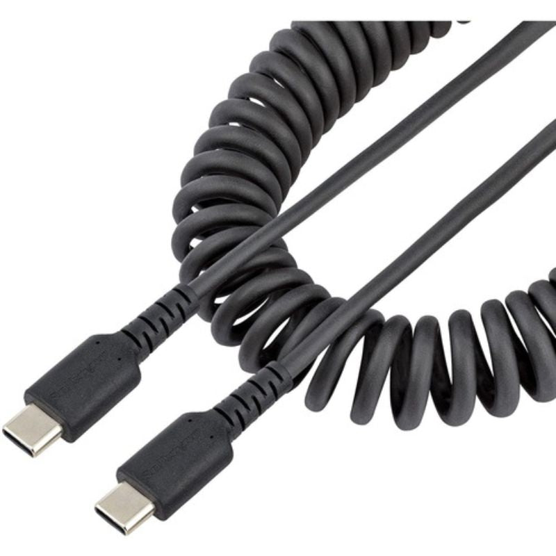 Rugged 1 m coiled USB-C to USB-C cable with aramid fiber, designed for durability and efficient data transfer and charging.