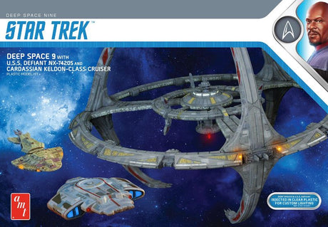 Detailed 1/3300 scale model kit of Deep Space 9 with U.S.S. Defiant and Keldon-Class cruiser, perfect for Star Trek fans.