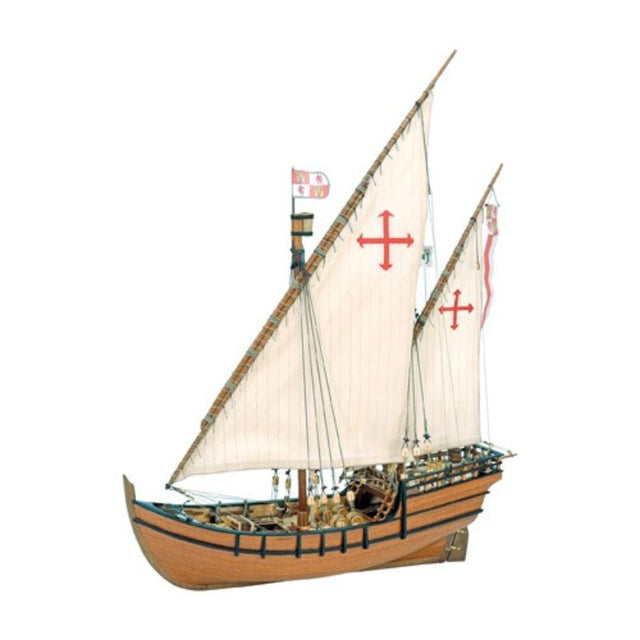 Detailed 1/65 scale model of La Niña Caravel, crafted from laser-cut wood, brass fittings, and hand-sewn sails.