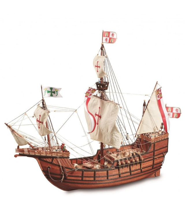 Model ship replica of the Santa Maria 1492, featuring intricate wooden details and customizable sails on a display base.