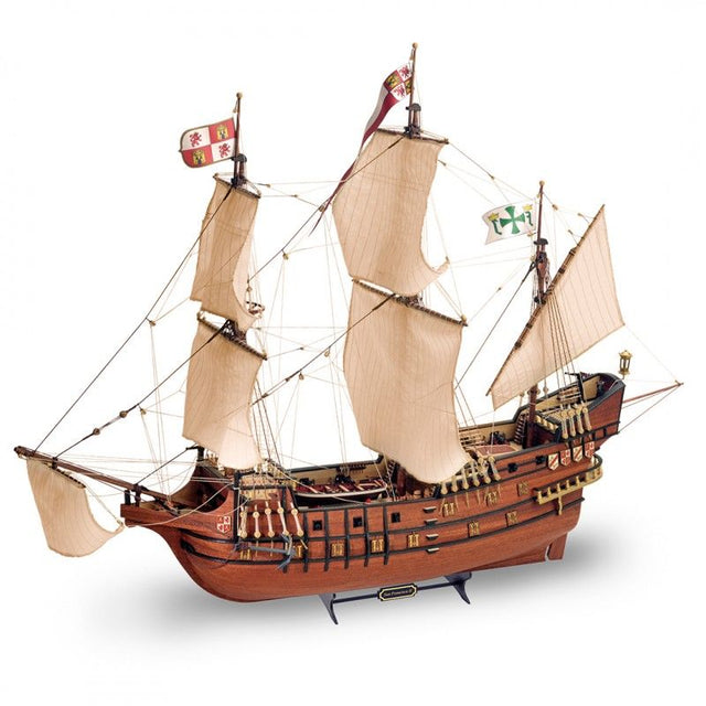 Detailed model kit for the 1/90 San Francisco II galleon with 1,400 parts, laser-cut wood, cotton sails, and decorative figures.