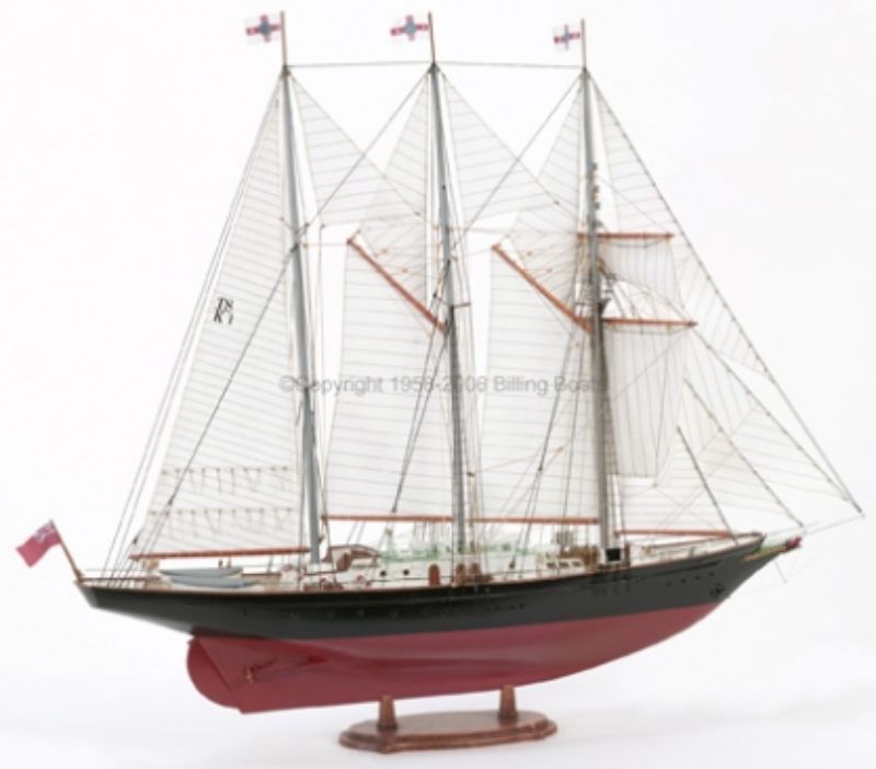 Detailed model kit of the 'Sir Winston Churchill' three-masted schooner, crafted for hobbyists and maritime enthusiasts.