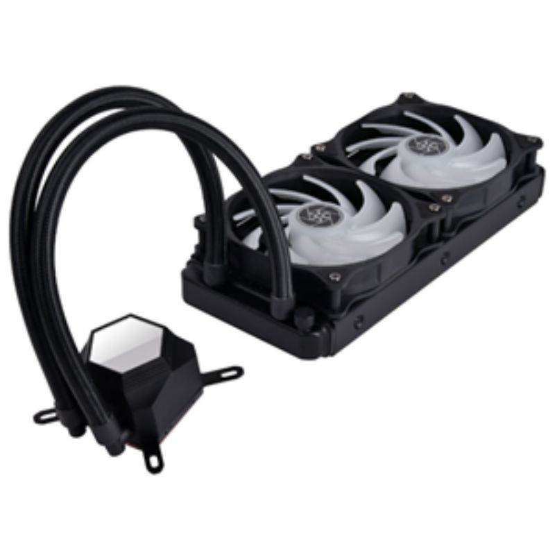 SilverStone PF240-ARGB-V2 liquid cooler with dual fans, RGB lighting, and efficient multi-chamber pump for optimal CPU cooling.