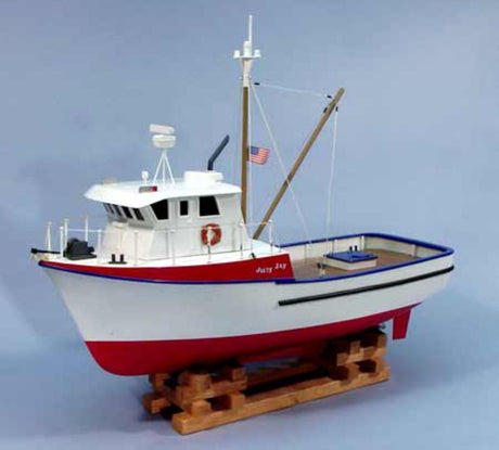 Detailed wooden model of the 24" Jolly Jay Fishing Trawler with balsa planking, designed for display or R/C operation.