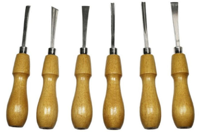 Six-piece Excel Gouging Tools set with ergonomic handles for precise wood carving, housed in a durable vinyl case.