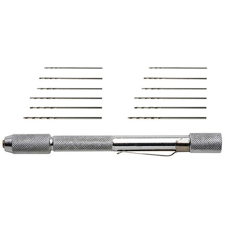 Excel Pin Vise with 12 drill bits, featuring an anodized aluminum handle and self-centering chuck for precise drilling.