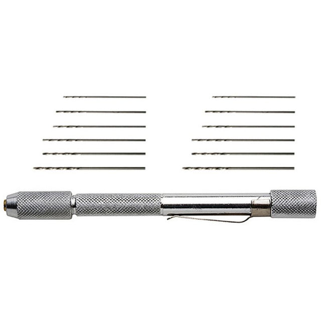 Excel Pin Vise with 12 drill bits, featuring an anodized aluminum handle and self-centering chuck for precise drilling.