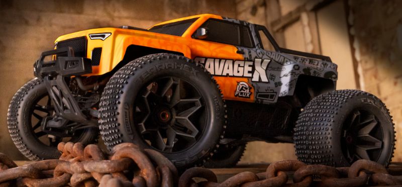 High-performance cFlux 1/8 Savage X V2 GT-6 RC monster truck with durable design, brushless motor, and advanced FLUX HP technology.