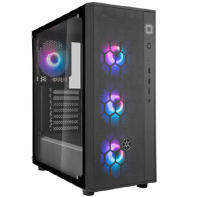 Sleek black ATX mid tower case with tempered glass, four ARGB fans, and optimal airflow for gaming setups.