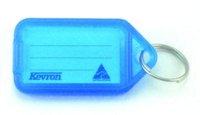 Key Tag Holder with vibrant blue Kevron, stainless steel keyring, includes 5 ID tags for personalized labeling.