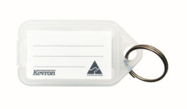 Clear Kevron key tag holder with label for easy key identification and access, featuring durable design and stainless steel keyring.