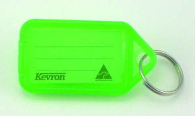 Loose Green Kevron Key Tag Holder with five easy-opening tags and stainless steel keyring for organized key management.