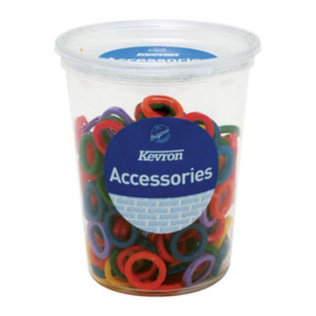 Vibrant assorted key head ID rings in a 200-piece tub for easy key organization and color coding.