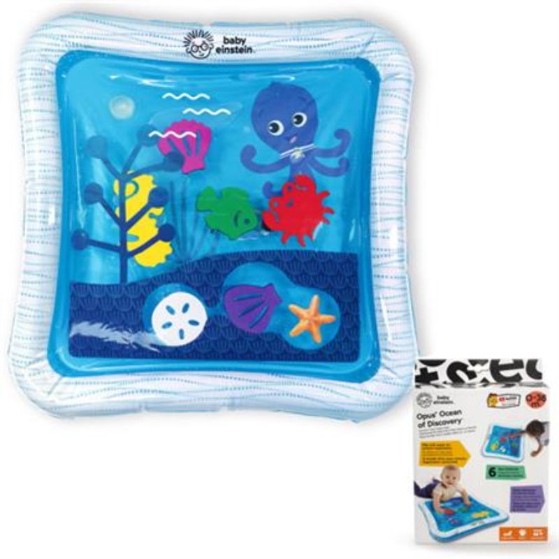 Tummy time water mat featuring Opus the Octopus, promotes sensory play and gross motor skills with floating sea creatures.