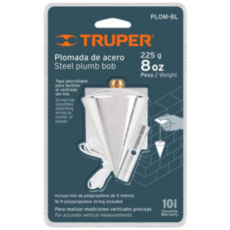 Truper 226g plumb bob in steel, precision tool for accurate vertical measurements in construction and DIY projects.