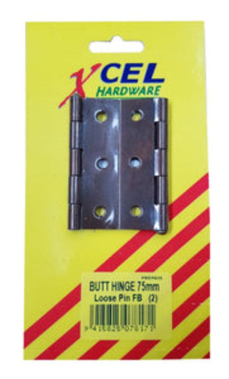 Durable 75mm butt hinges with loose brass pin in sleek Florentine bronze finish for reliable door operation.