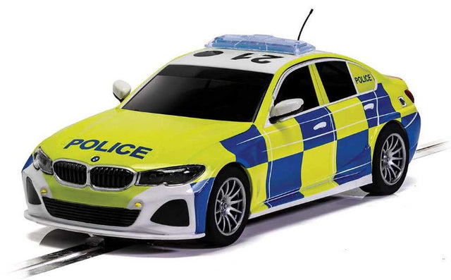 Scalextric Police BMW M Sport slot car with working lights and sound, perfect for thrilling racing adventures.