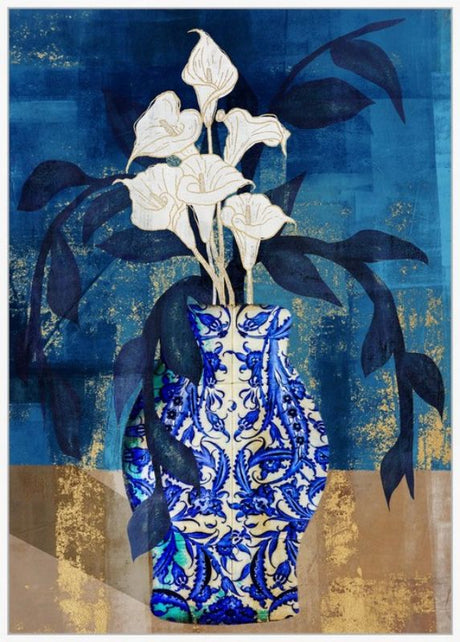 Framed canvas art featuring an elegant urn with vibrant orchids in blues and whites, perfect for any stylish home decor.