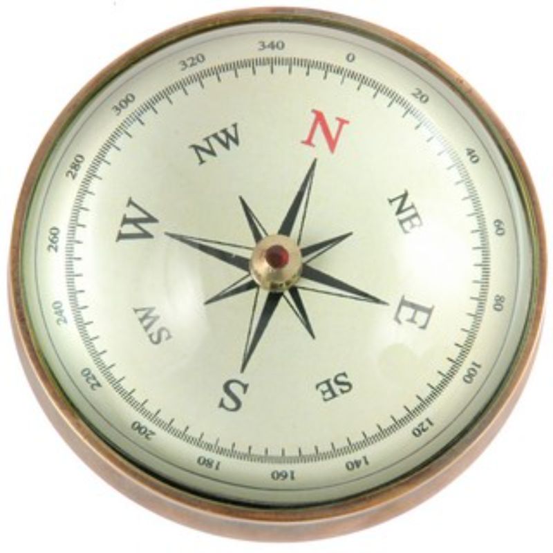 Brass compass (8cm) showcasing intricate detailing, perfect for decorative nautical flair and inspiring adventure.