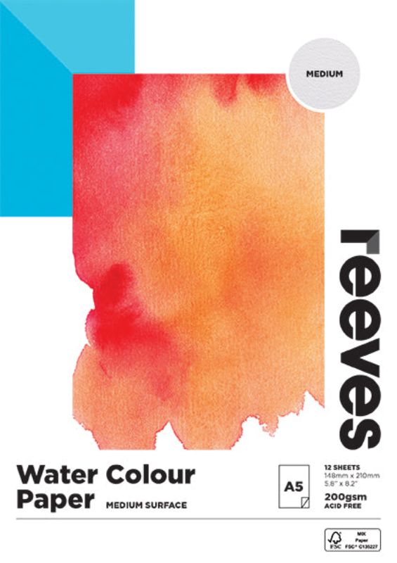 A5 watercolour pad with 12 FSC-certified sheets, ideal for artists using paints and pencils on a cold-pressed surface.