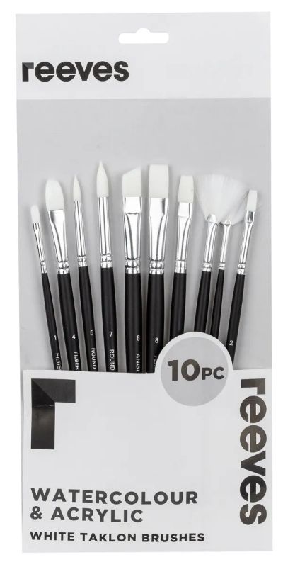 Set of 10 synthetic Taklon brushes in various shapes and sizes for watercolor and acrylic painting, ideal for all skill levels.