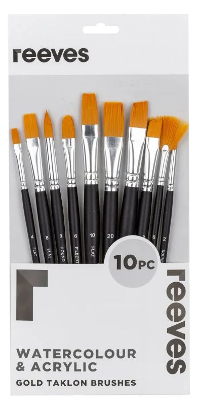 Reeves Brush Taklon Short Set of 10 includes versatile synthetic brushes for watercolour and acrylic painting.