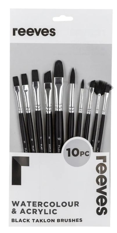 Reeves Brush Taklon Short Set of 10, featuring diverse synthetic brushes for watercolor and acrylic painting with short handles.