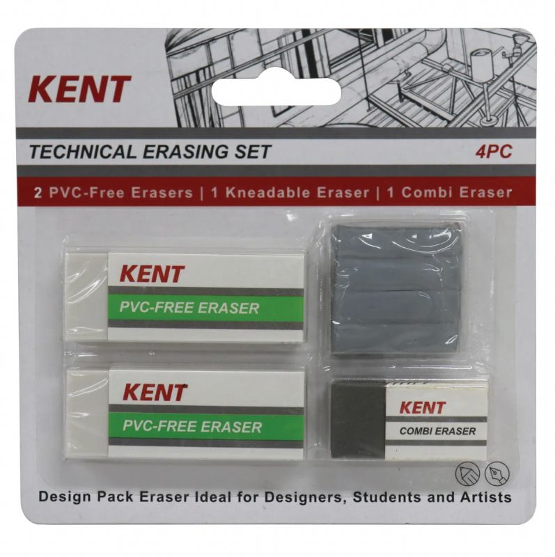 Set of four Kent technical erasers, including PVC-free, combi, and kneadable types for precise drawing corrections.