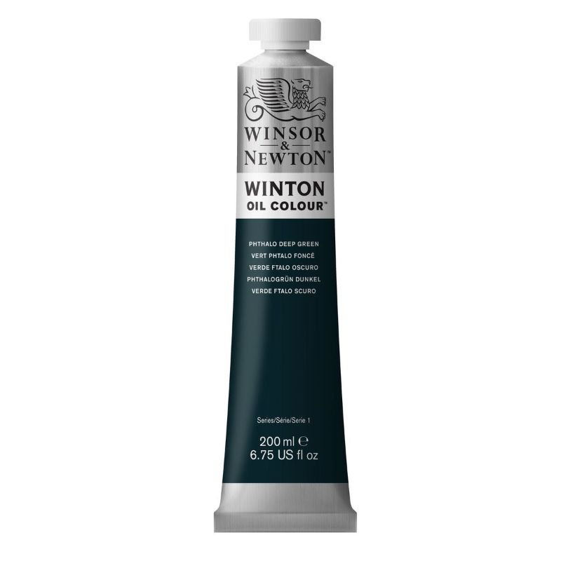 200ml tube of Winsor & Newton Phthalo Green Deep oil paint, known for its vibrant hue and excellent blending consistency.