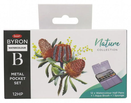 Jasart Byron Watercolour Pocket Set of 12 in Nature, compact metal box with vibrant colors and aqua brush for artists on the go.