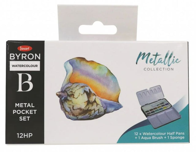 Jasart Byron 12-piece metallic watercolour set in a portable metal box with aqua brush and sponge for on-the-go creativity.