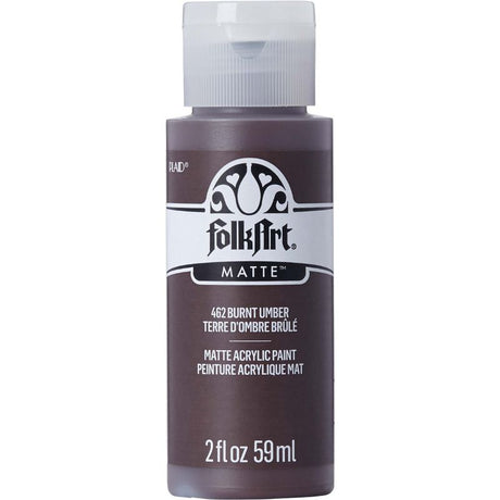 A 2oz bottle of Folk Art Burnt Umber acrylic paint, ideal for versatile crafting and painting on various surfaces.