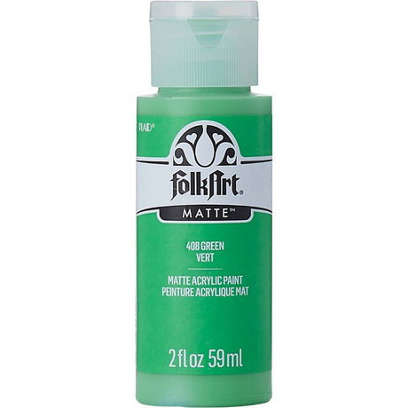 Folk Art Green Acrylic Paint (2oz) in a vibrant shade, ideal for blending, stenciling, and various surfaces in arts and crafts.