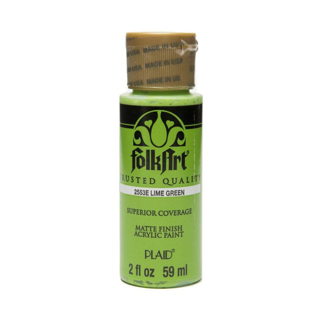 Vibrant Folk Art Acrylic Paint in Lime Green 2553, 2oz bottle, perfect for DIY projects with a creamy, rich texture.