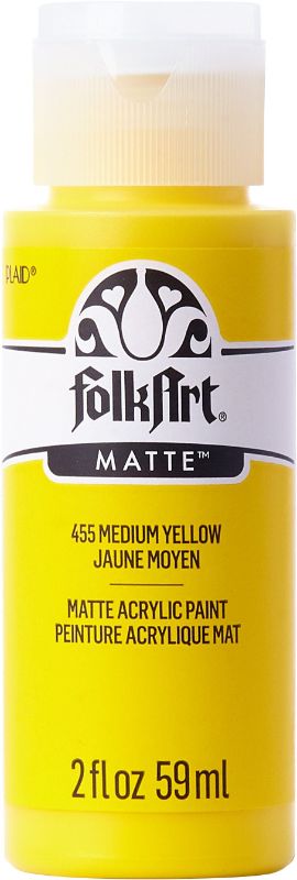 Vibrant Folk Art Acrylic Paint in Medium Yellow, 2oz, perfect for blending and covering various surfaces in arts and crafts.