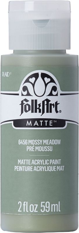 Folk Art Acrylic Paint in Mossy Meadow, 2oz, features vibrant color, creamy consistency, and a stunning matte finish for versatile crafting.