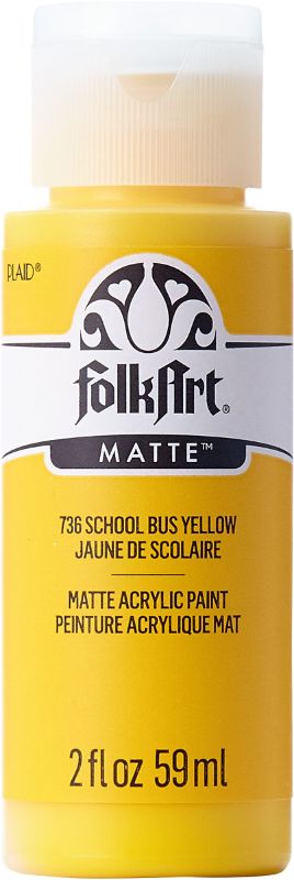 FolkArt School Bus Yellow acrylic paint in a 2oz bottle, ideal for vibrant arts and crafts with excellent coverage and blending.