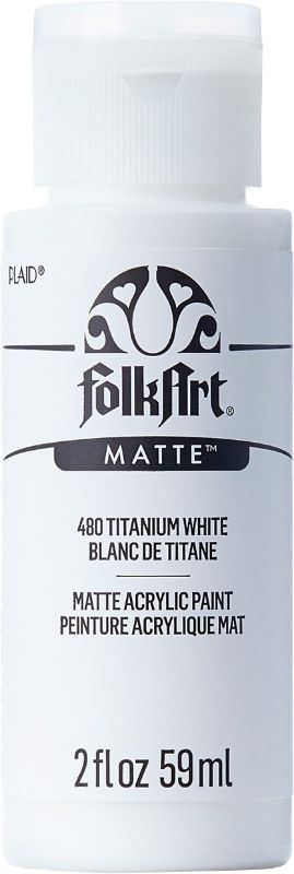 Folk Art Acrylic Paint 2oz in Titanium White, ideal for blending and coverage on canvas, wood, and paper crafts.