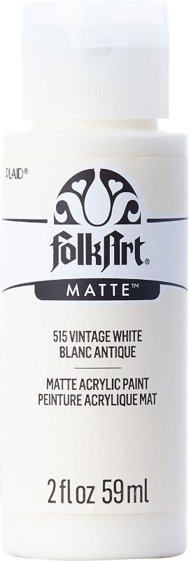 Folk Art Vintage White Acrylic Paint 2oz, creamy texture for smooth application on wood, canvas, and paper. Perfect for all crafters.