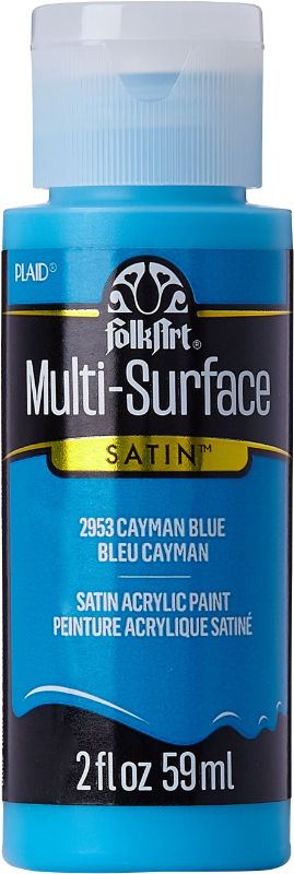 Folk Art Cayman Blue acrylic paint in a 2oz bottle, versatile for use on multiple surfaces with a smooth, satin finish.