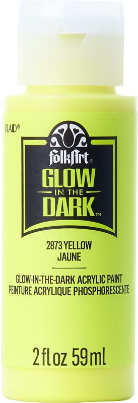 Bright yellow Folk Art glow-in-the-dark acrylic paint in a 2oz bottle, ideal for crafts and home decor projects.