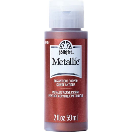 Folk Art Acrylic Metallic Paint in Antique Copper, 2oz, offering a creamy texture and stunning metallic finish for various projects.