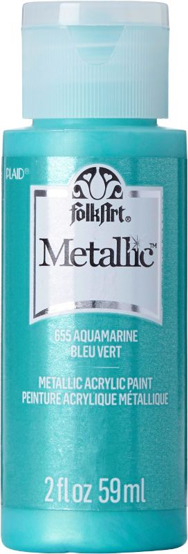 Folk Art Aquamarine Metallic Acrylic Paint in a 2oz bottle, perfect for adding shimmer to various DIY projects.