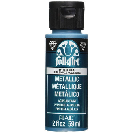 Folk Art Blue Topaz metallic paint in 2oz bottle, perfect for adding a shiny finish to various DIY projects.