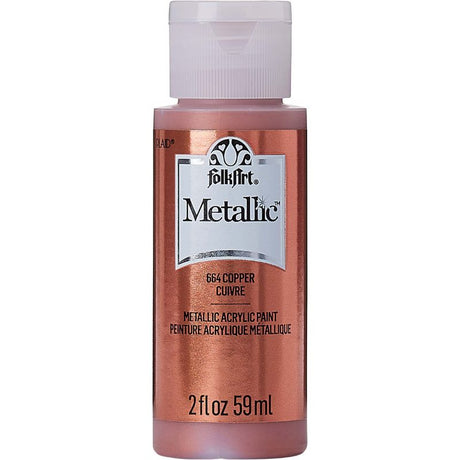 Copper metallic acrylic paint in a 2oz bottle, perfect for adding shimmer to various craft projects with a smooth finish.