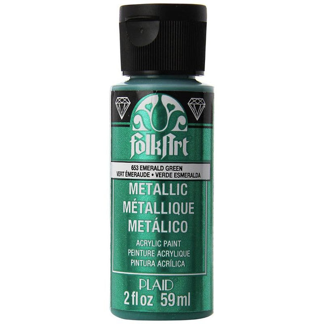 Folk Art Emerald Green metallic acrylic paint in a 2oz bottle, ideal for DIY projects on various surfaces with a shiny finish.