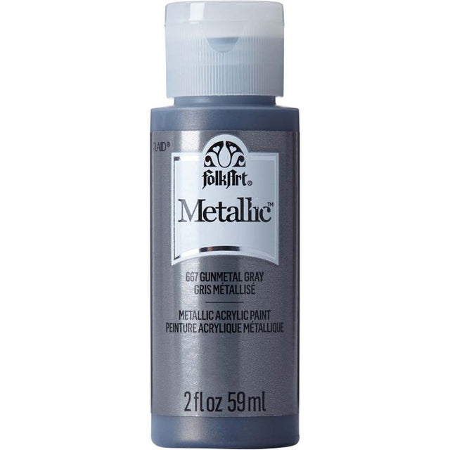 Folk Art Gunmetal Gray Acrylic Metallic Paint in 2oz bottle, perfect for adding shimmer to various DIY projects.