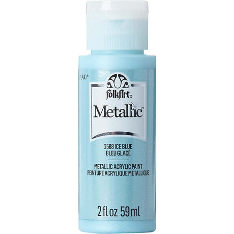 Folk Art Ice Blue metallic acrylic paint in 2oz bottle, offering smooth application and a shimmering finish for various crafts.